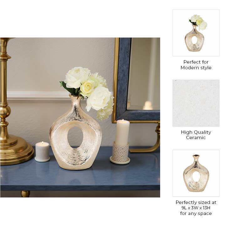 Vase - Gold Ceramic Scratched Oval Cut-Out, 13 in.