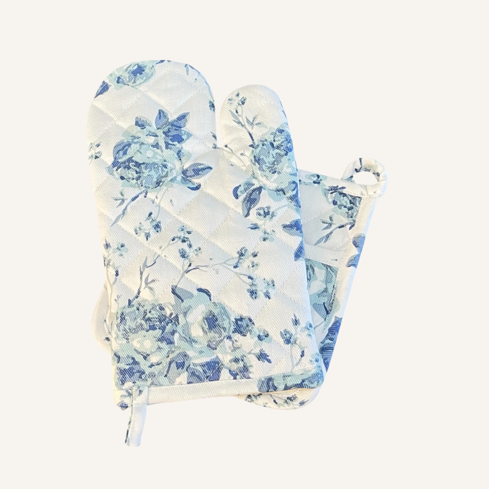 Blue Rose Cotton Oven Mitt & Potholder Set