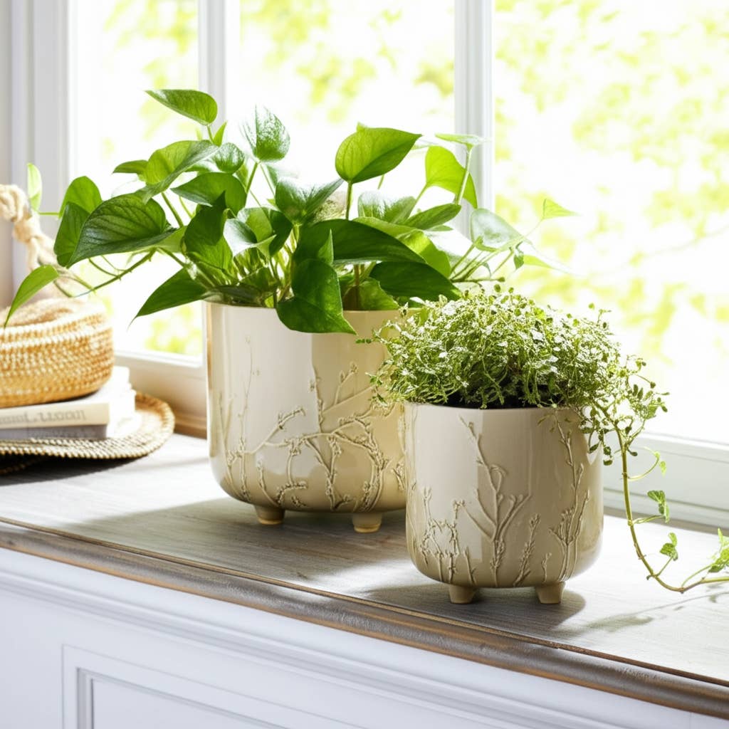 Planters Set of 2 - Sage Ceramic Flower Branches, 9/11 in