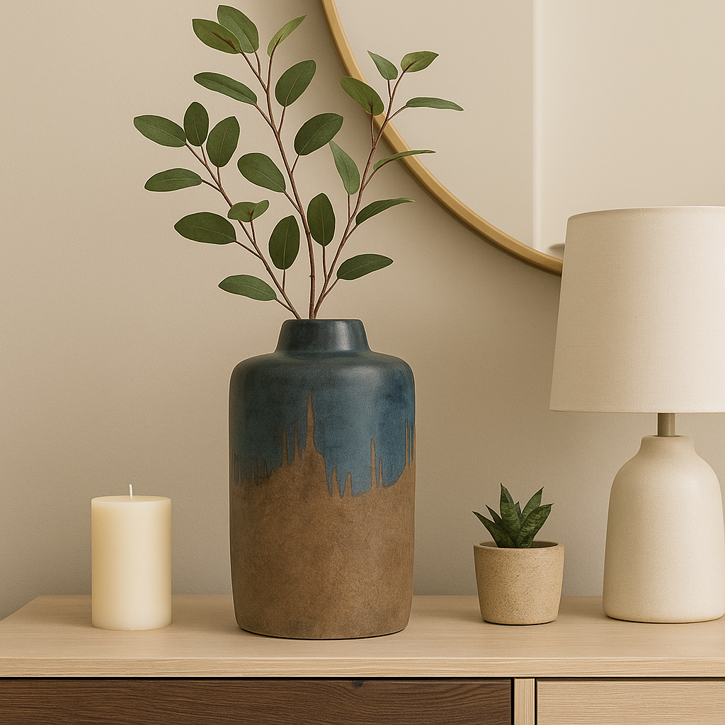 Ceramic Round Two-Tone Flower Vase - Blue/Ivory, 14 in.