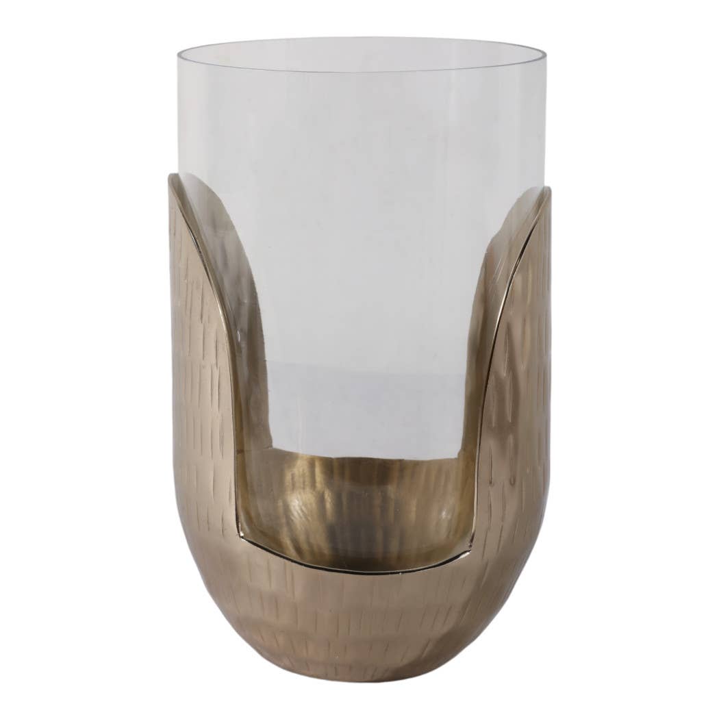 Candle Holder- Gold/Clear Metal Base Hurricane Pillar, 10 in