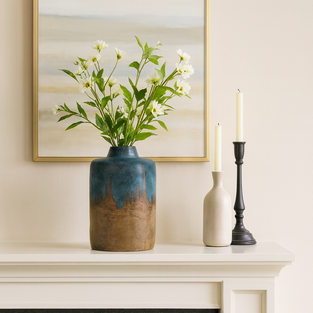 Ceramic Round Two-Tone Flower Vase - Blue/Ivory, 14 in.