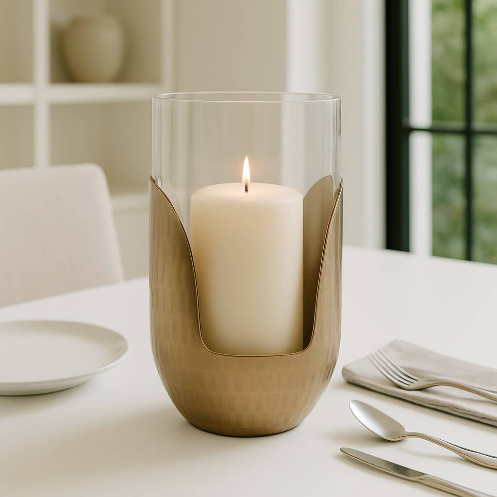 Candle Holder- Gold/Clear Metal Base Hurricane Pillar, 10 in