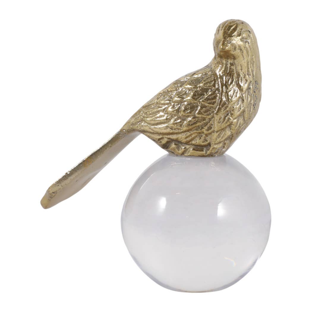 Sculpture - Gold Metal Bird Perched on Acrylic Ball, 6 in.