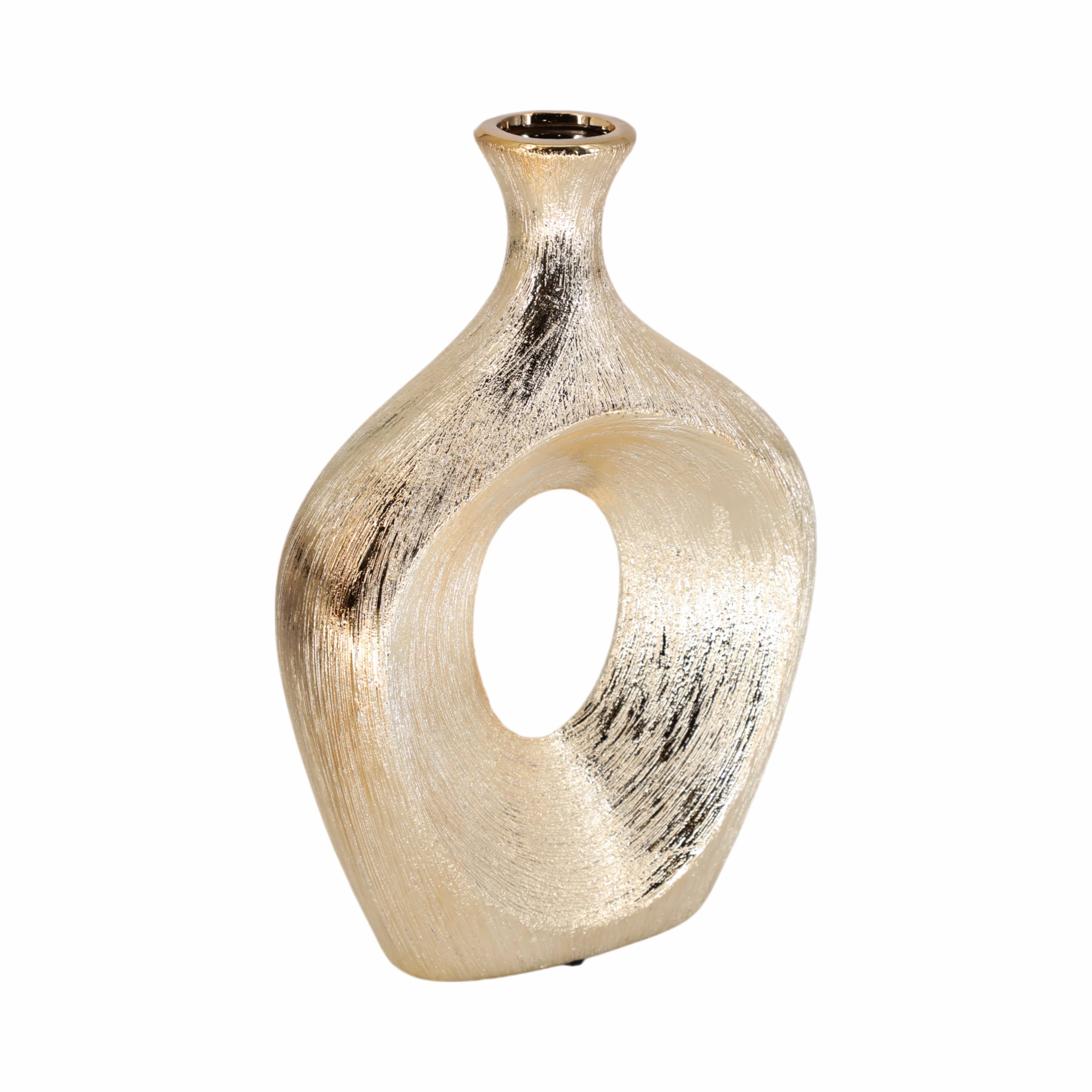 Vase - Gold Ceramic Scratched Oval Cut-Out, 13 in.