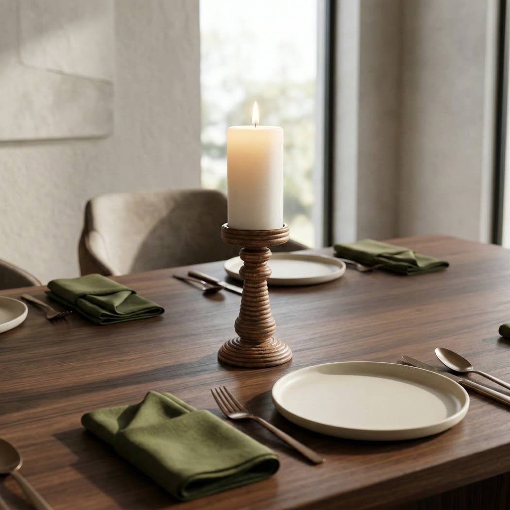 Candle Holder - Brown Mango Wood Ribbed Pillar, 7 in.