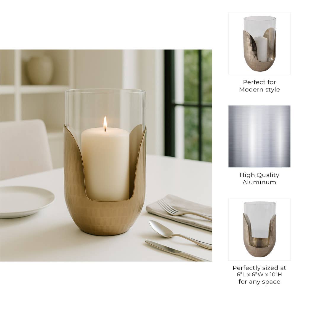 Candle Holder- Gold/Clear Metal Base Hurricane Pillar, 10 in