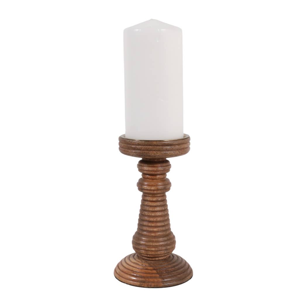 Candle Holder - Brown Mango Wood Ribbed Pillar, 7 in.