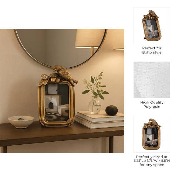 Gold Bird Picture Frame | Boho Polyresin, 4×6 in.