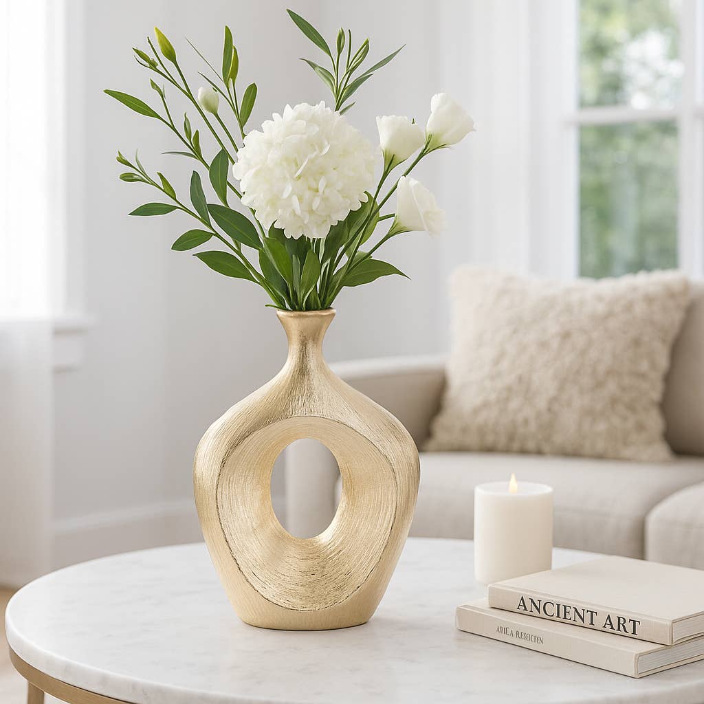 Vase - Gold Ceramic Scratched Oval Cut-Out, 13 in.