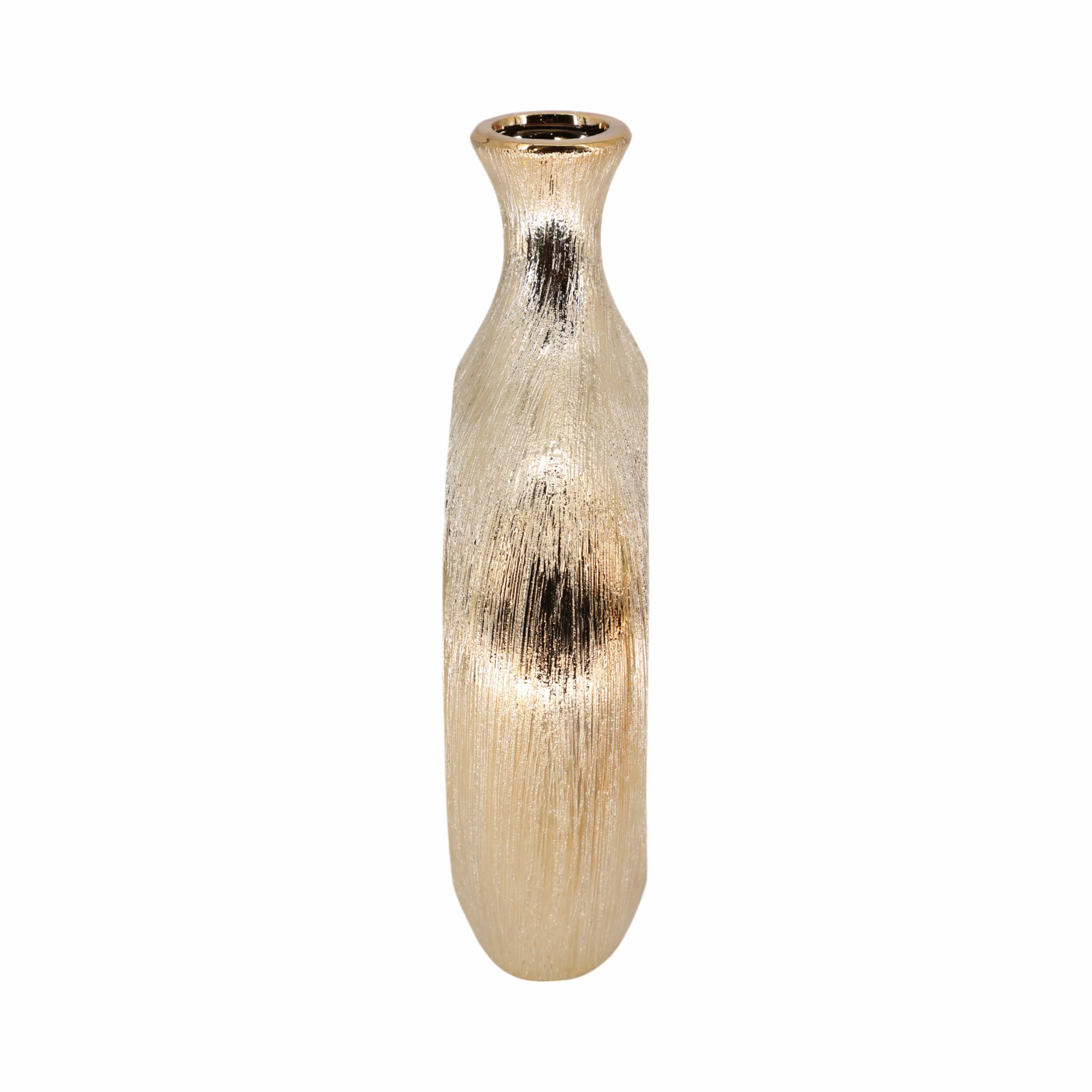 Vase - Gold Ceramic Scratched Oval Cut-Out, 13 in.