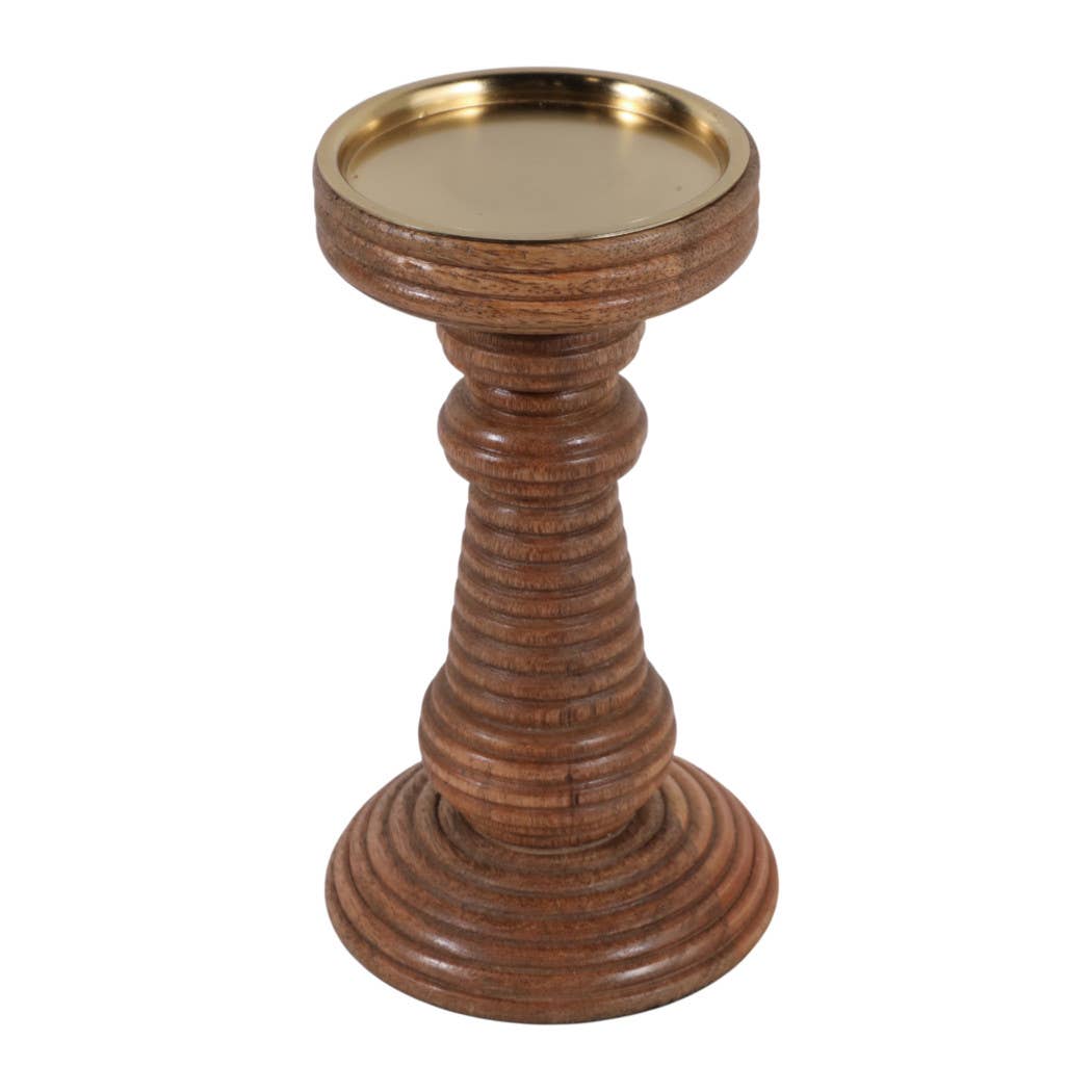 Candle Holder - Brown Mango Wood Ribbed Pillar, 7 in.