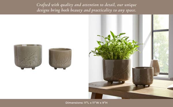 Planters Set of 2 - Sage Ceramic Flower Branches, 9/11 in