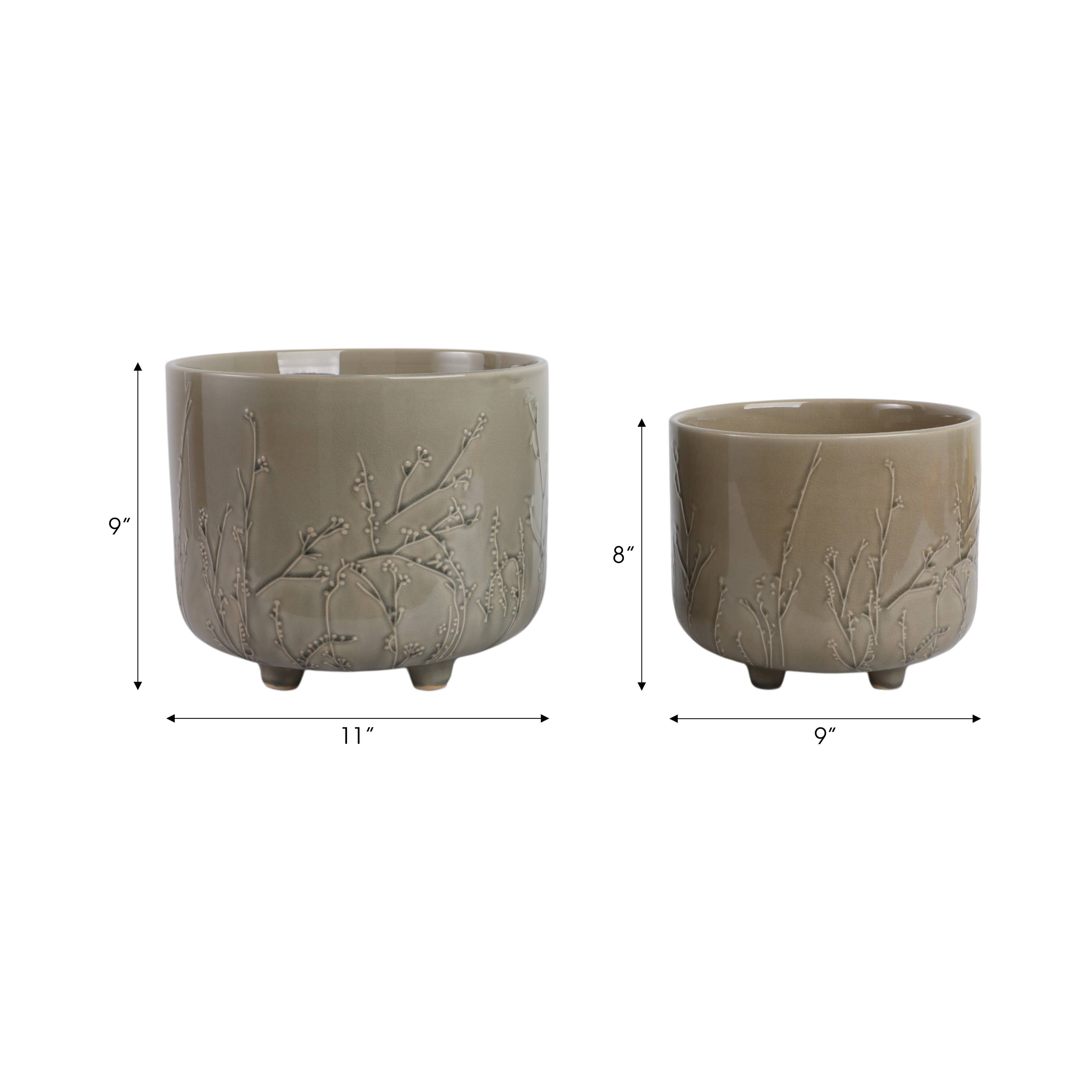 Planters Set of 2 - Sage Ceramic Flower Branches, 9/11 in