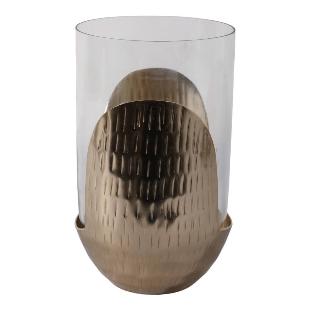 Candle Holder- Gold/Clear Metal Base Hurricane Pillar, 10 in