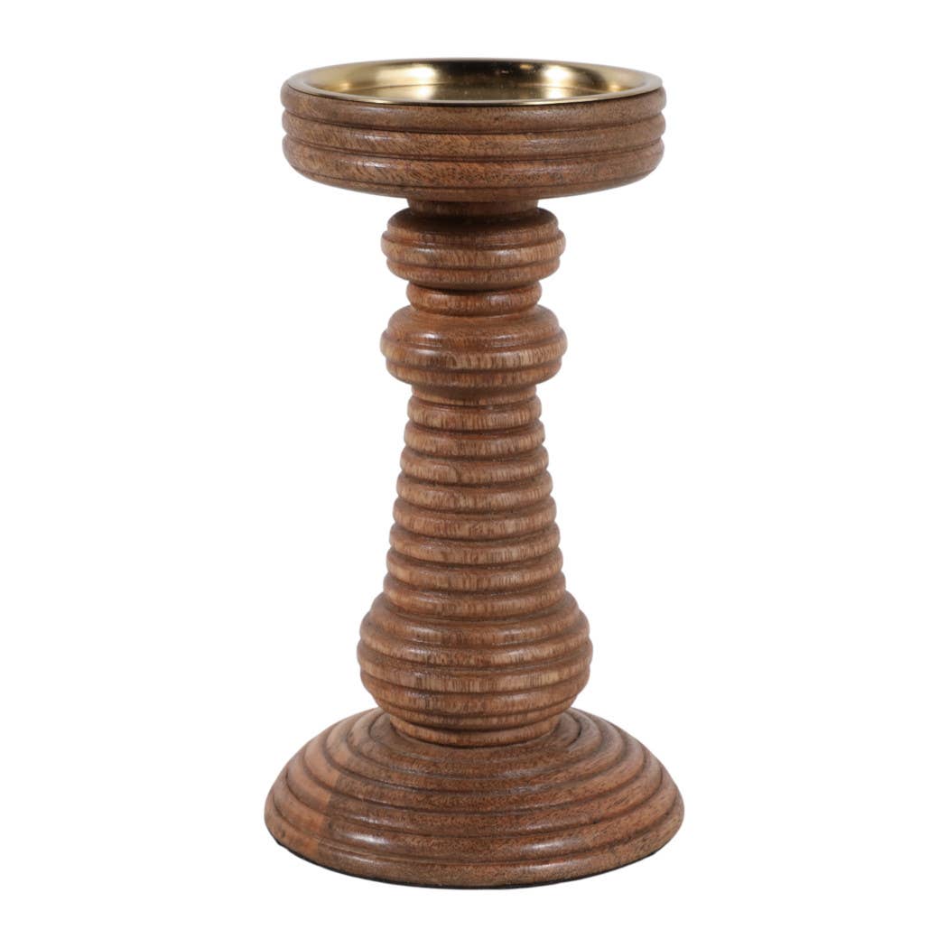 Candle Holder - Brown Mango Wood Ribbed Pillar, 7 in.