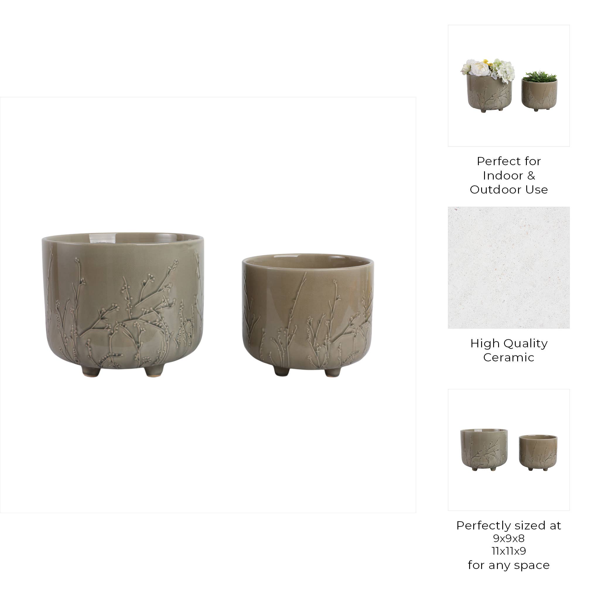 Planters Set of 2 - Sage Ceramic Flower Branches, 9/11 in