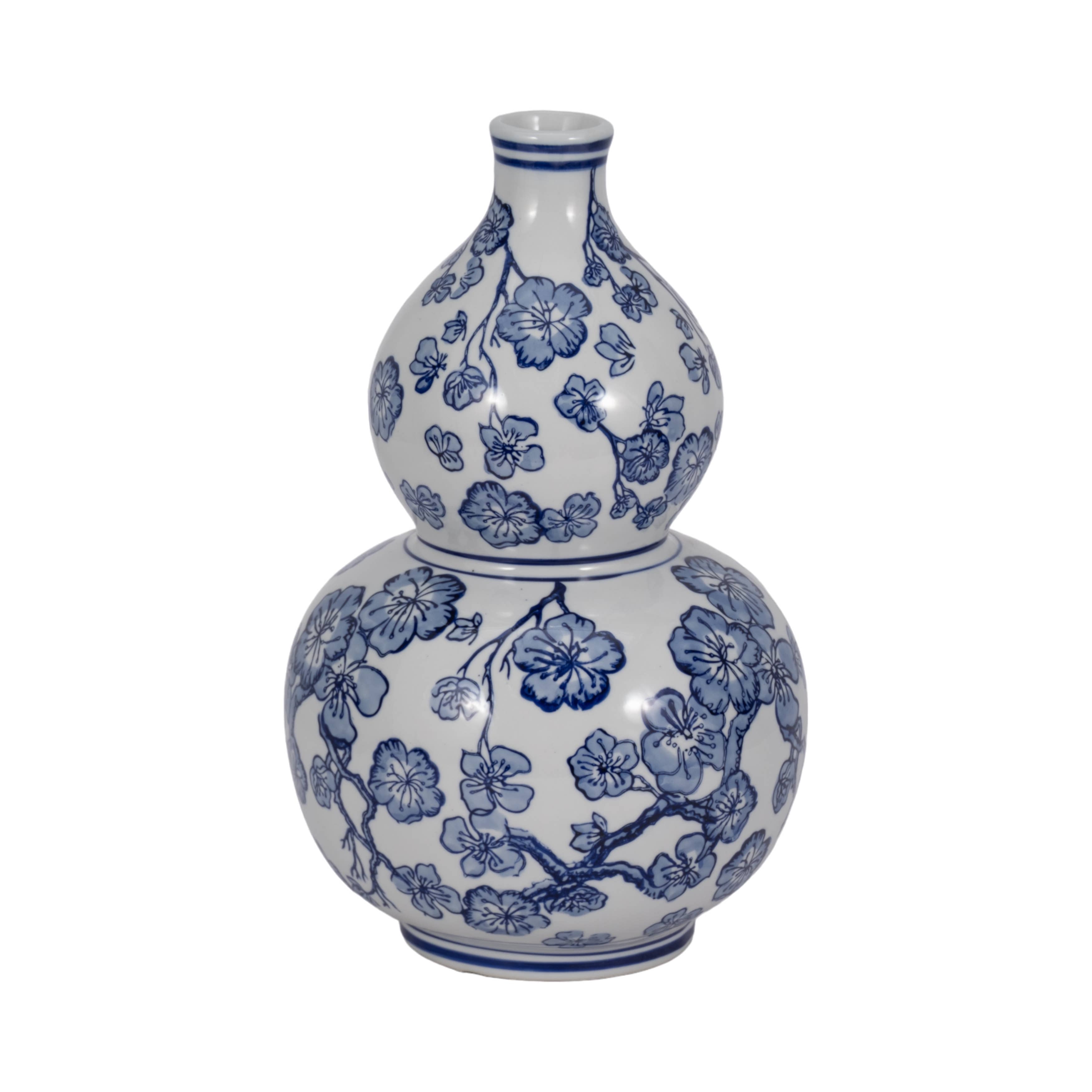 Blue/White 13 in. Cherry Blossom Chinoiserie Gourd Vase