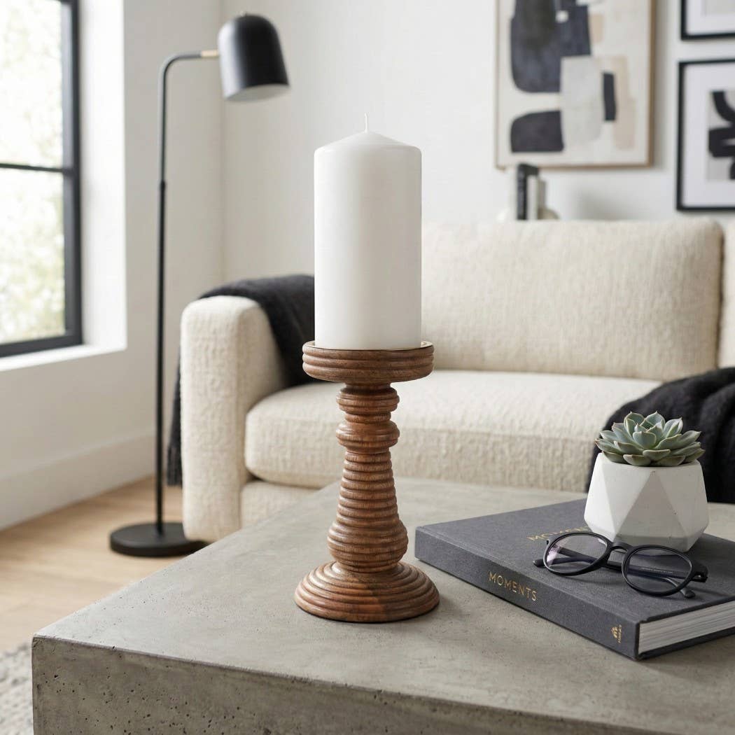 Candle Holder - Brown Mango Wood Ribbed Pillar, 7 in.