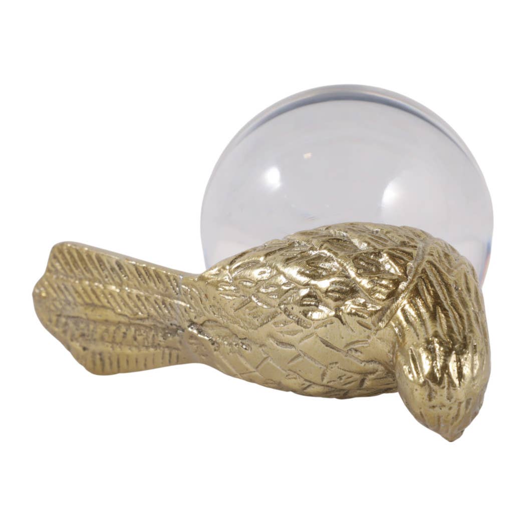 Sculpture - Gold Metal Bird Perched on Acrylic Ball, 6 in.