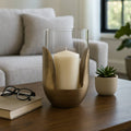 Candle Holder- Gold/Clear Metal Base Hurricane Pillar, 10 in