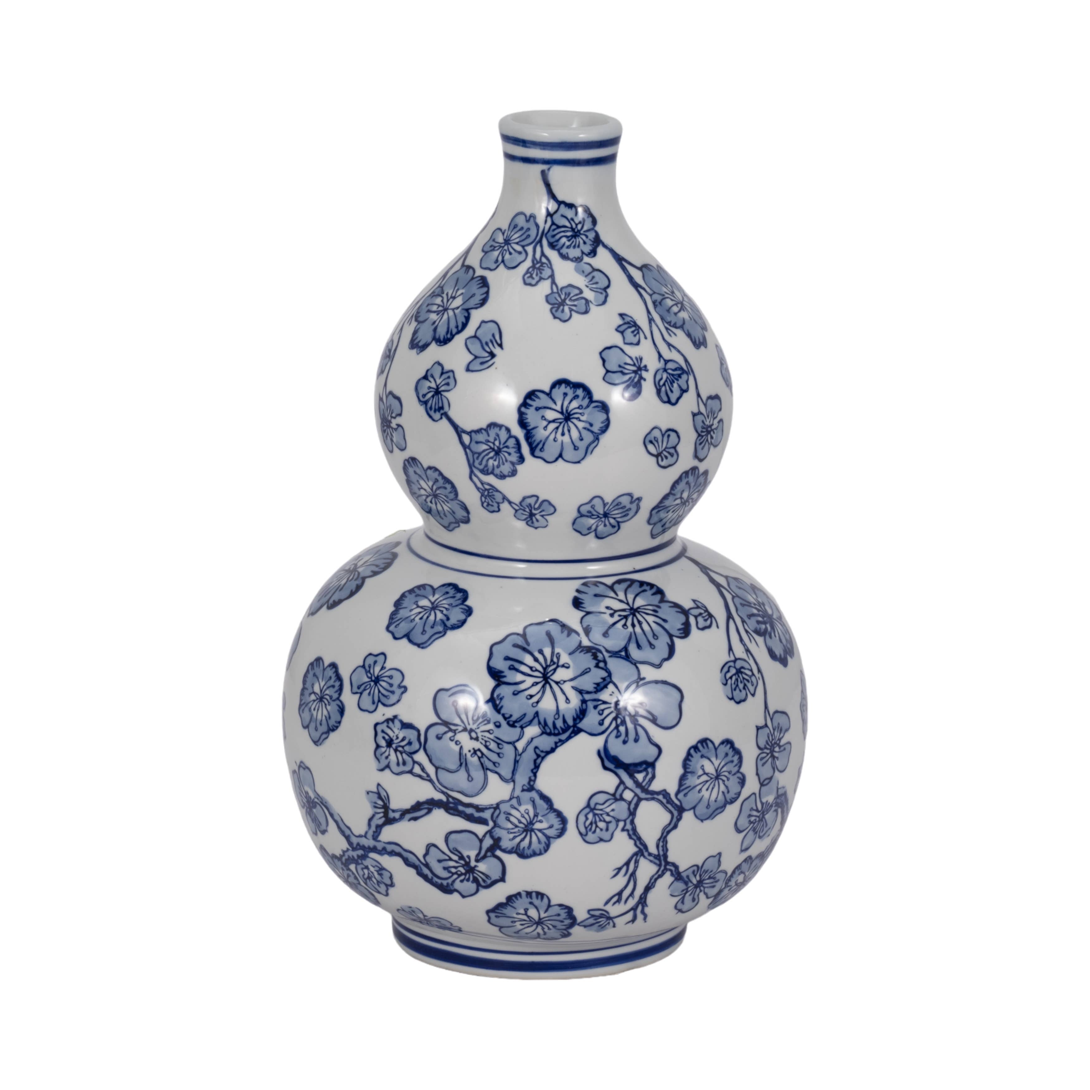 Blue/White 13 in. Cherry Blossom Chinoiserie Gourd Vase