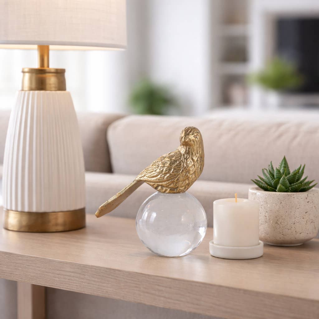 Sculpture - Gold Metal Bird Perched on Acrylic Ball, 6 in.