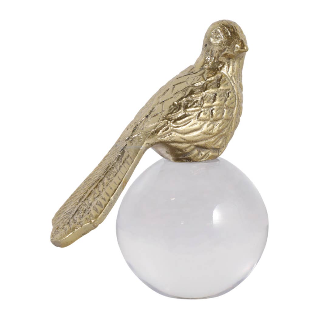 Sculpture - Gold Metal Bird Perched on Acrylic Ball, 6 in.