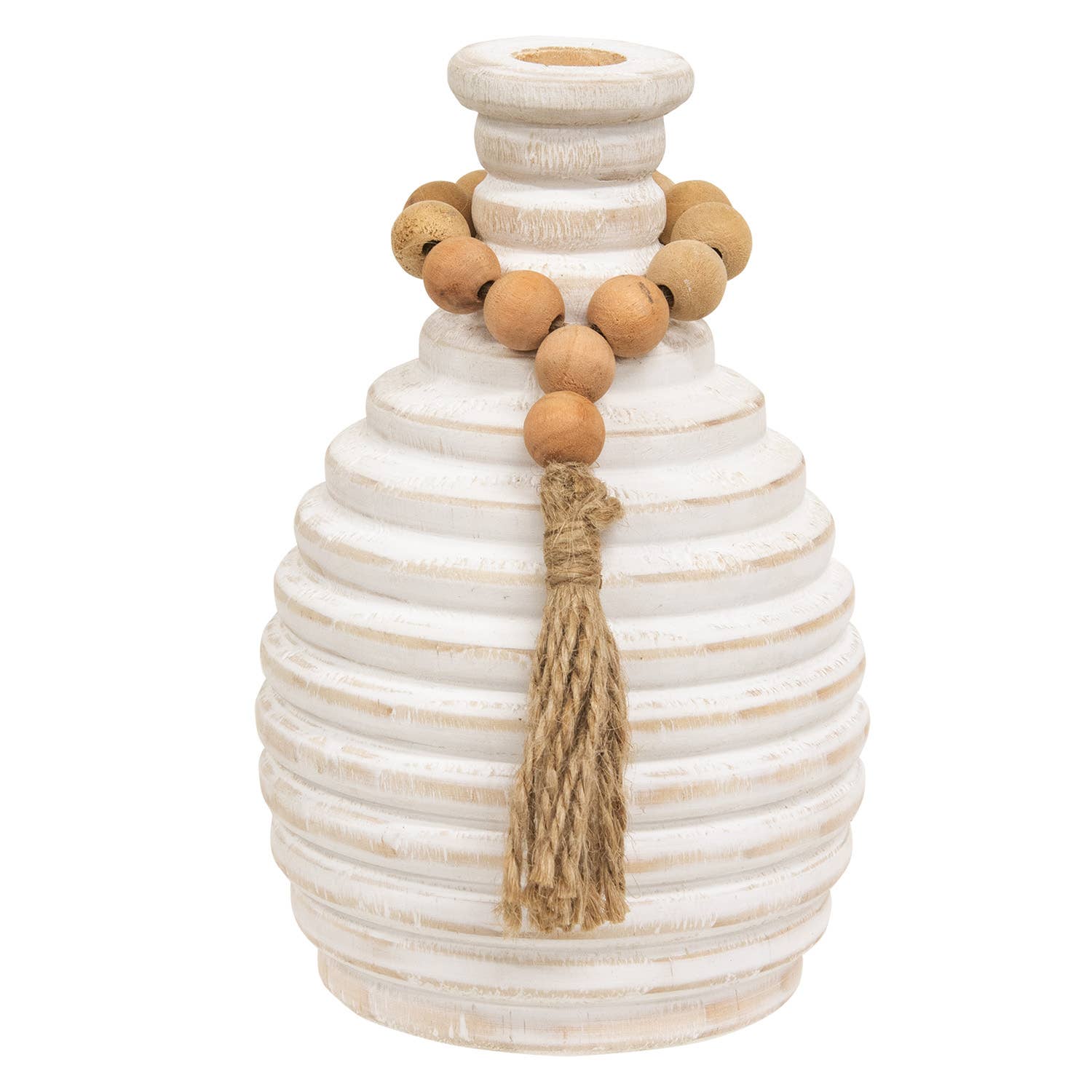 Distressed White Wooden Beaded Athens Vase - 7"H