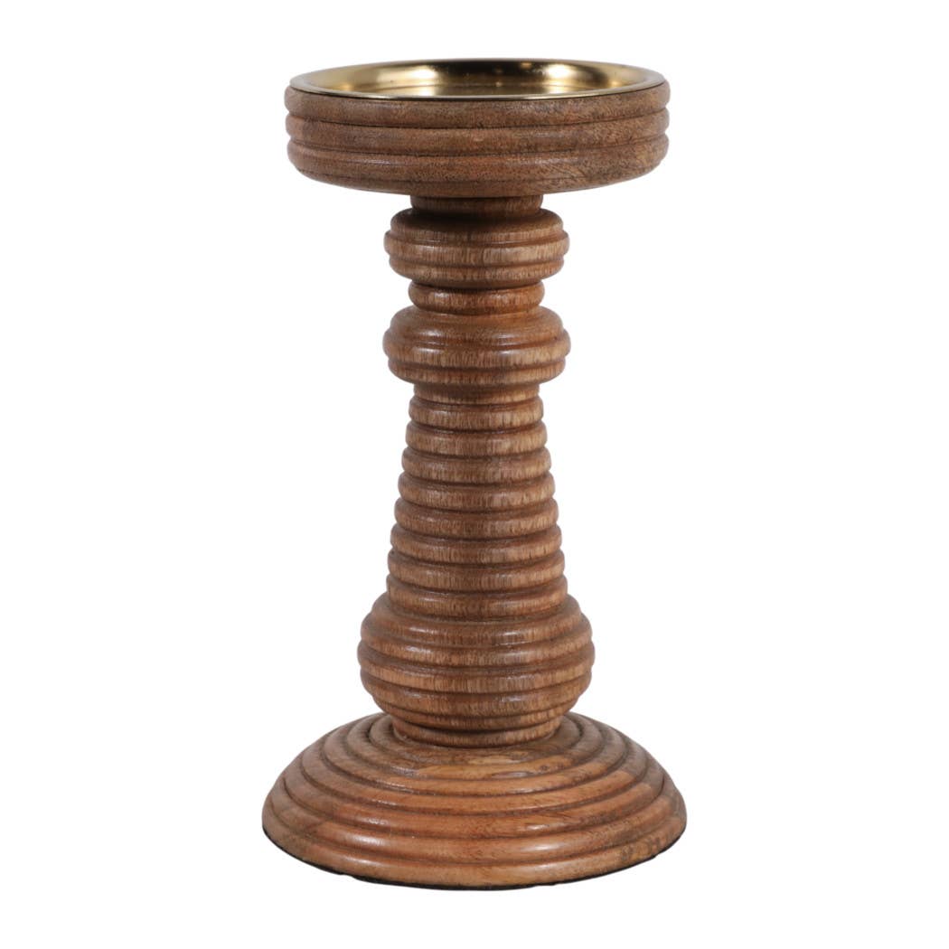 Candle Holder - Brown Mango Wood Ribbed Pillar, 7 in.