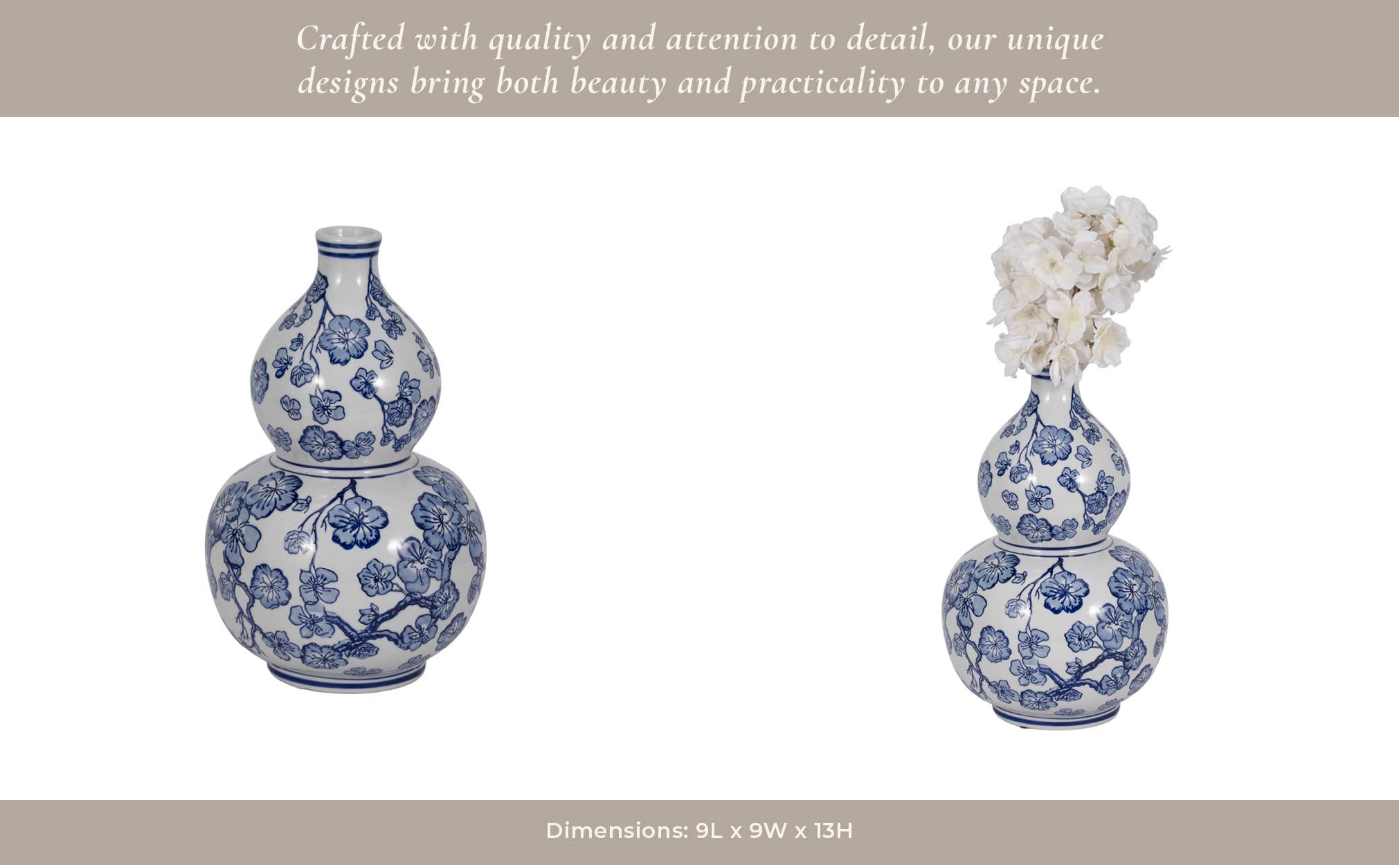 Blue/White 13 in. Cherry Blossom Chinoiserie Gourd Vase