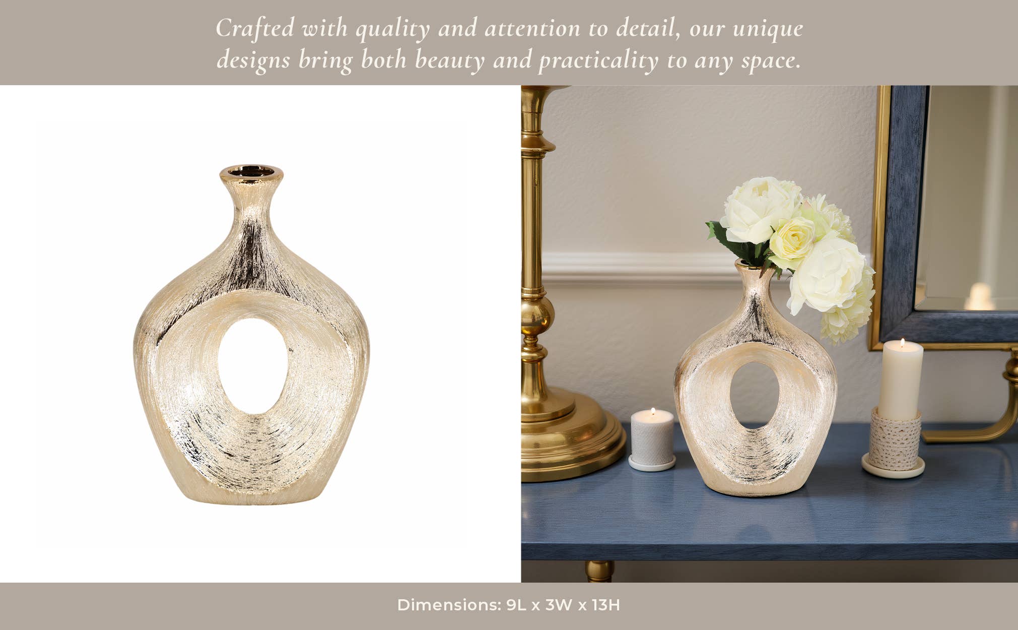 Vase - Gold Ceramic Scratched Oval Cut-Out, 13 in.