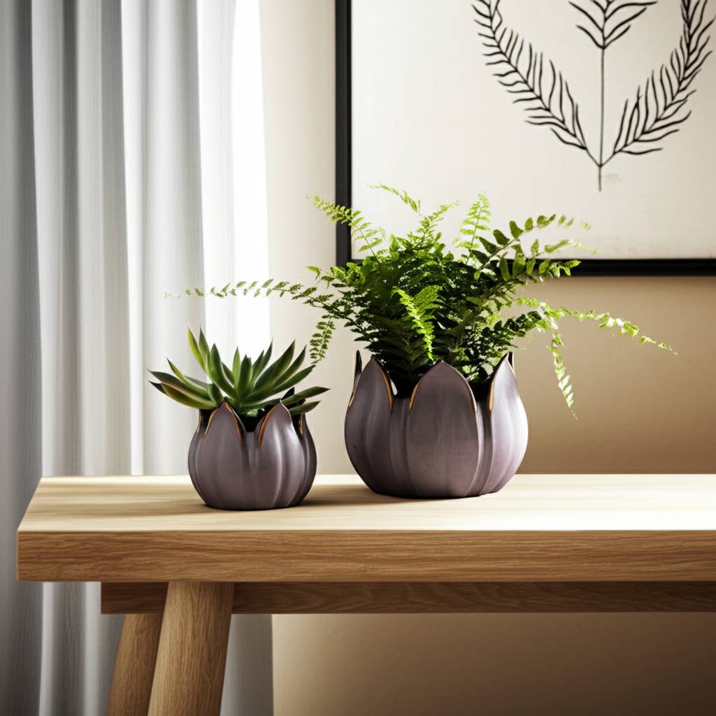 Planters Set of 2 - Purple Ceramic Sculpted Petal, 5/8 in.