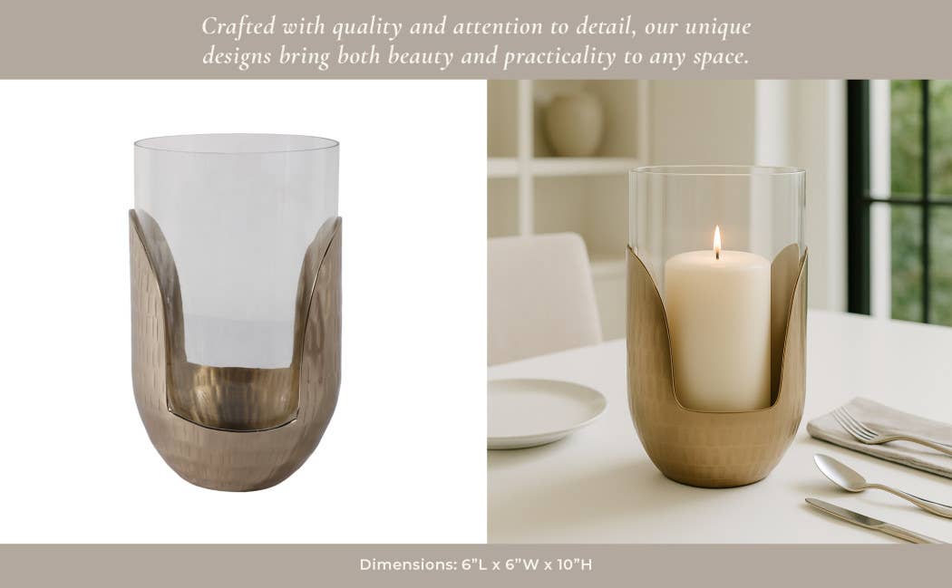 Candle Holder- Gold/Clear Metal Base Hurricane Pillar, 10 in