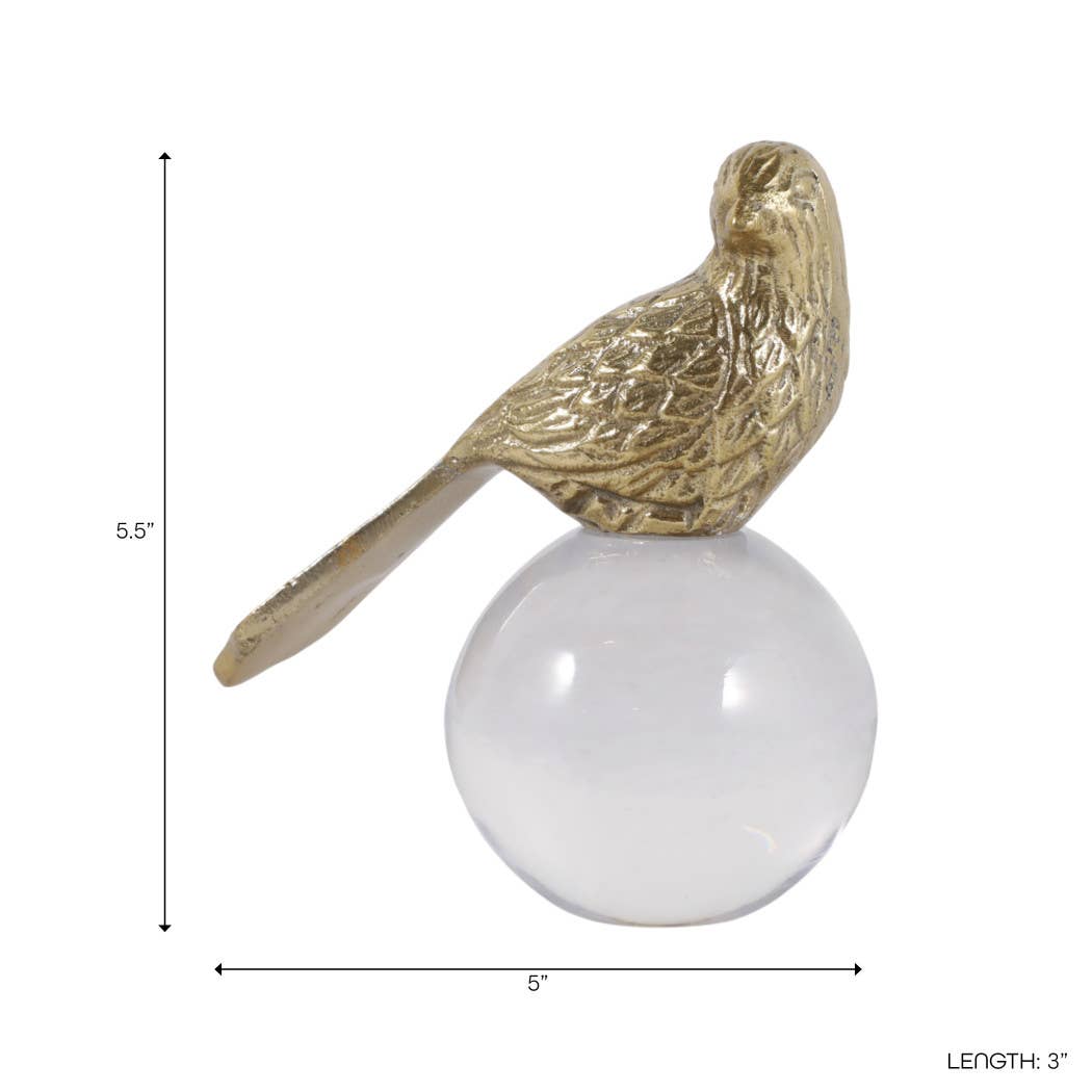 Sculpture - Gold Metal Bird Perched on Acrylic Ball, 6 in.