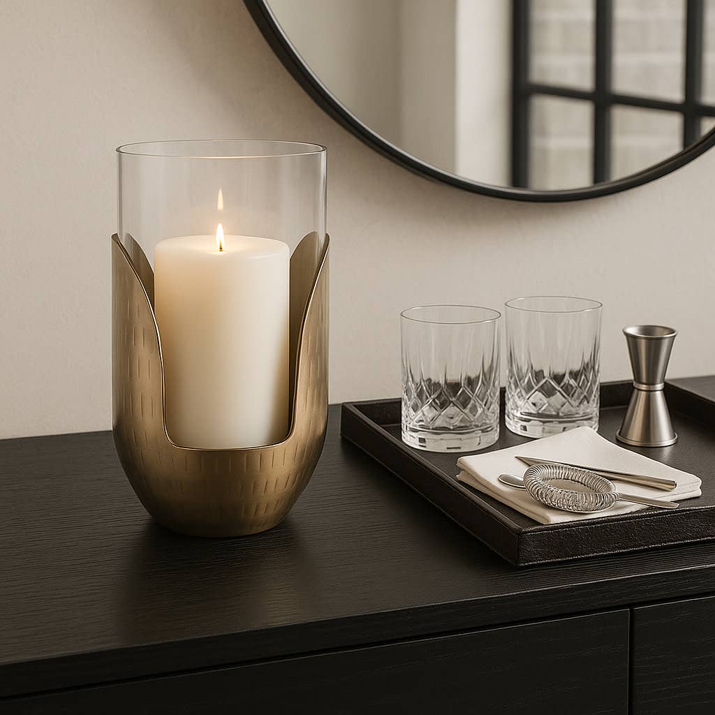 Candle Holder- Gold/Clear Metal Base Hurricane Pillar, 10 in