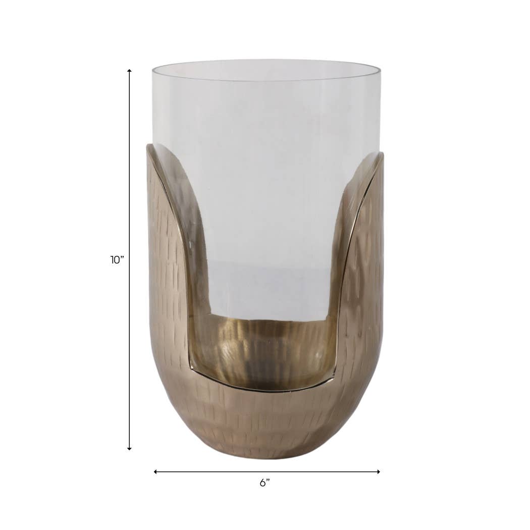 Candle Holder- Gold/Clear Metal Base Hurricane Pillar, 10 in