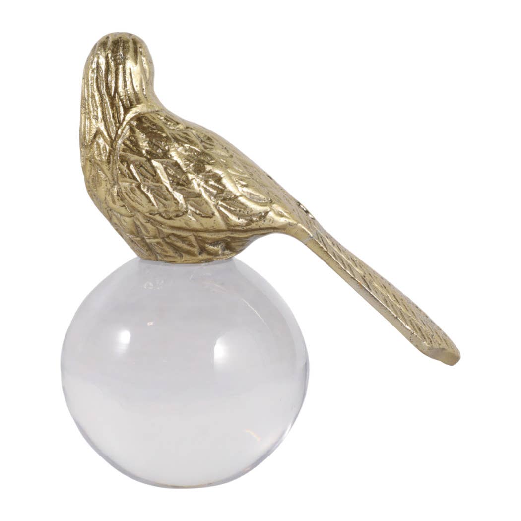 Sculpture - Gold Metal Bird Perched on Acrylic Ball, 6 in.