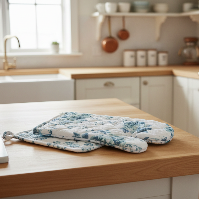 Blue Rose Cotton Oven Mitt & Potholder Set - Kitchen Scene
