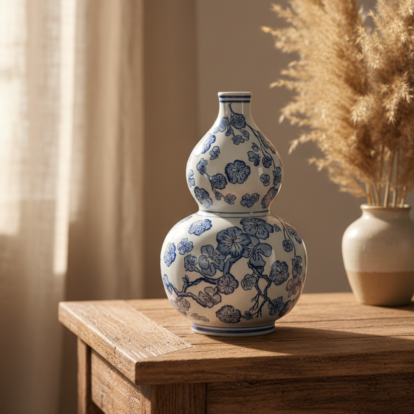Blue/White 13 in. Cherry Blossom Chinoiserie Gourd Vase