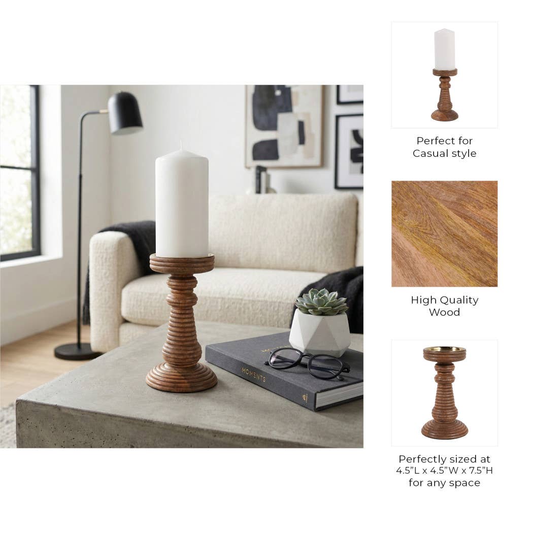 Candle Holder - Brown Mango Wood Ribbed Pillar, 7 in.