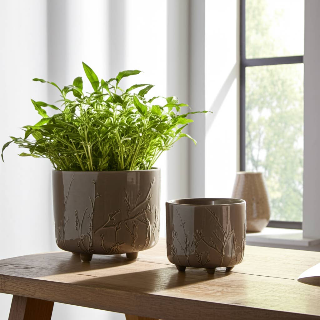 Planters Set of 2 - Sage Ceramic Flower Branches, 9/11 in
