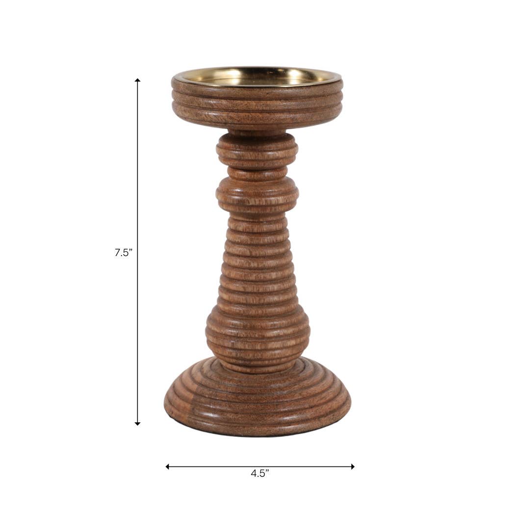 Candle Holder - Brown Mango Wood Ribbed Pillar, 7 in.