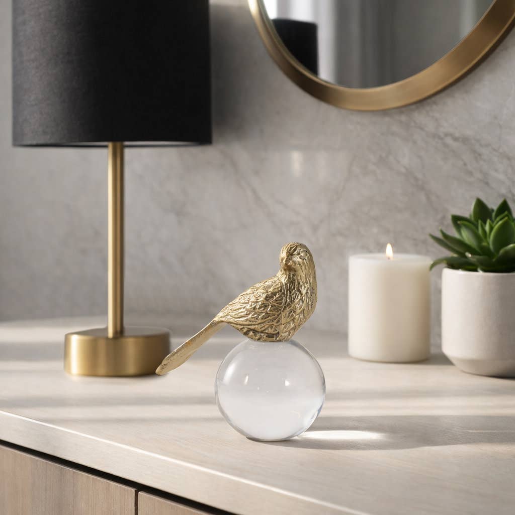 Sculpture - Gold Metal Bird Perched on Acrylic Ball, 6 in.