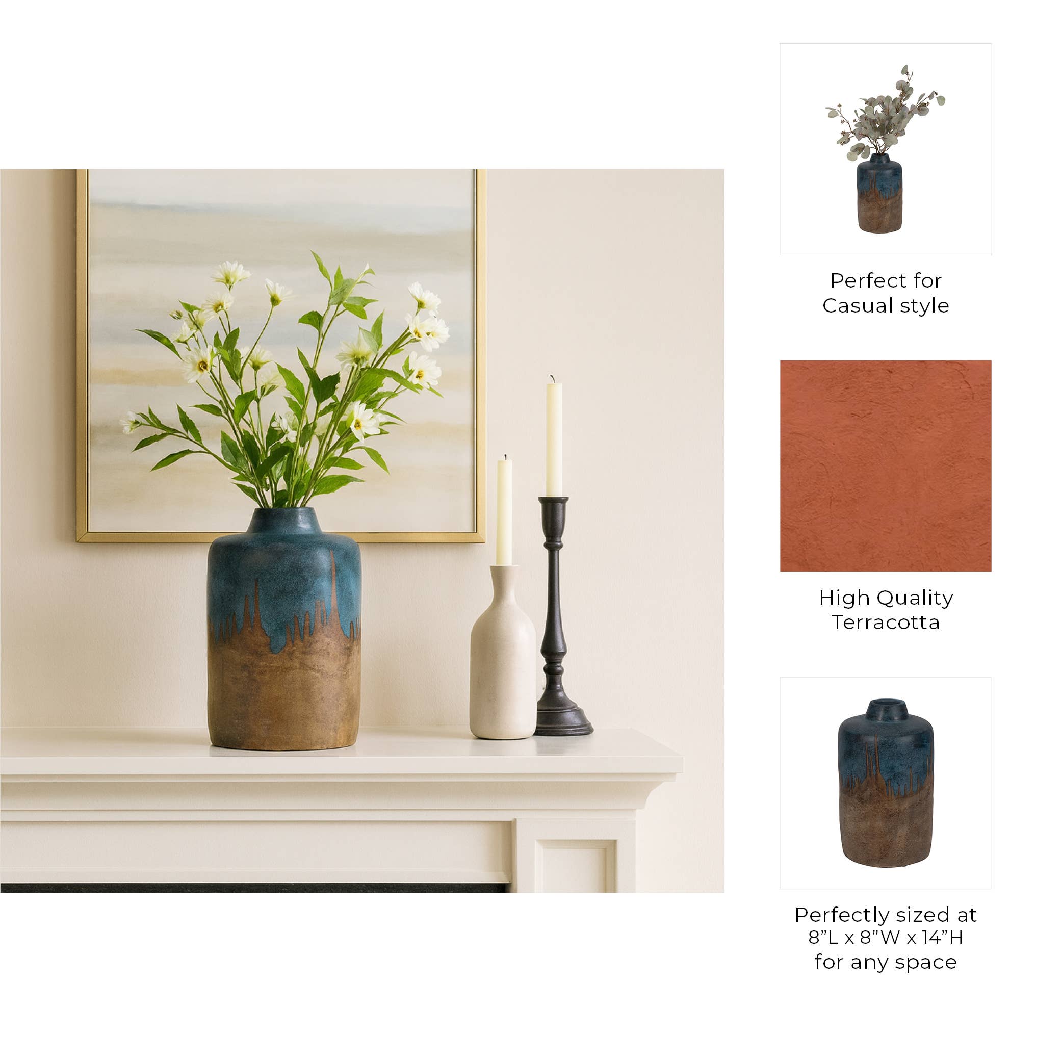 Ceramic Round Two-Tone Flower Vase - Blue/Ivory, 14 in.