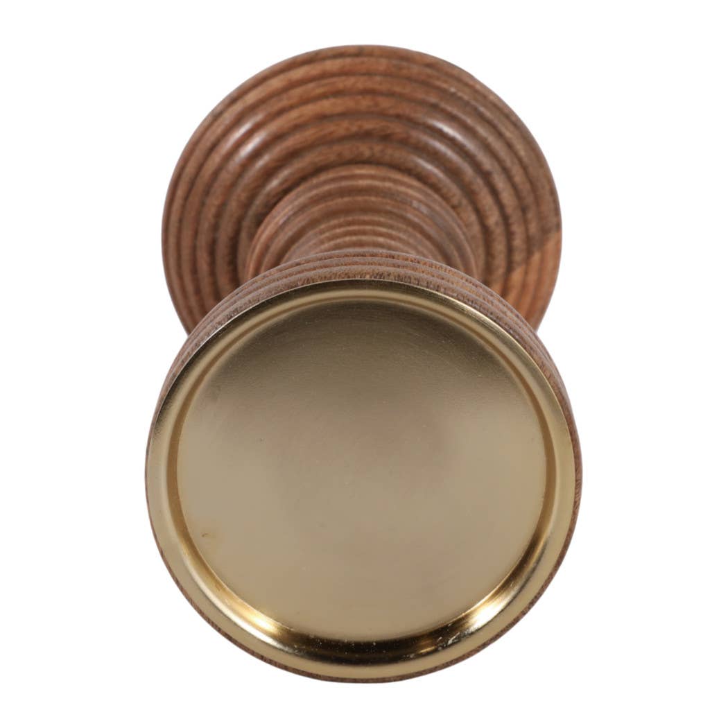 Candle Holder - Brown Mango Wood Ribbed Pillar, 7 in.