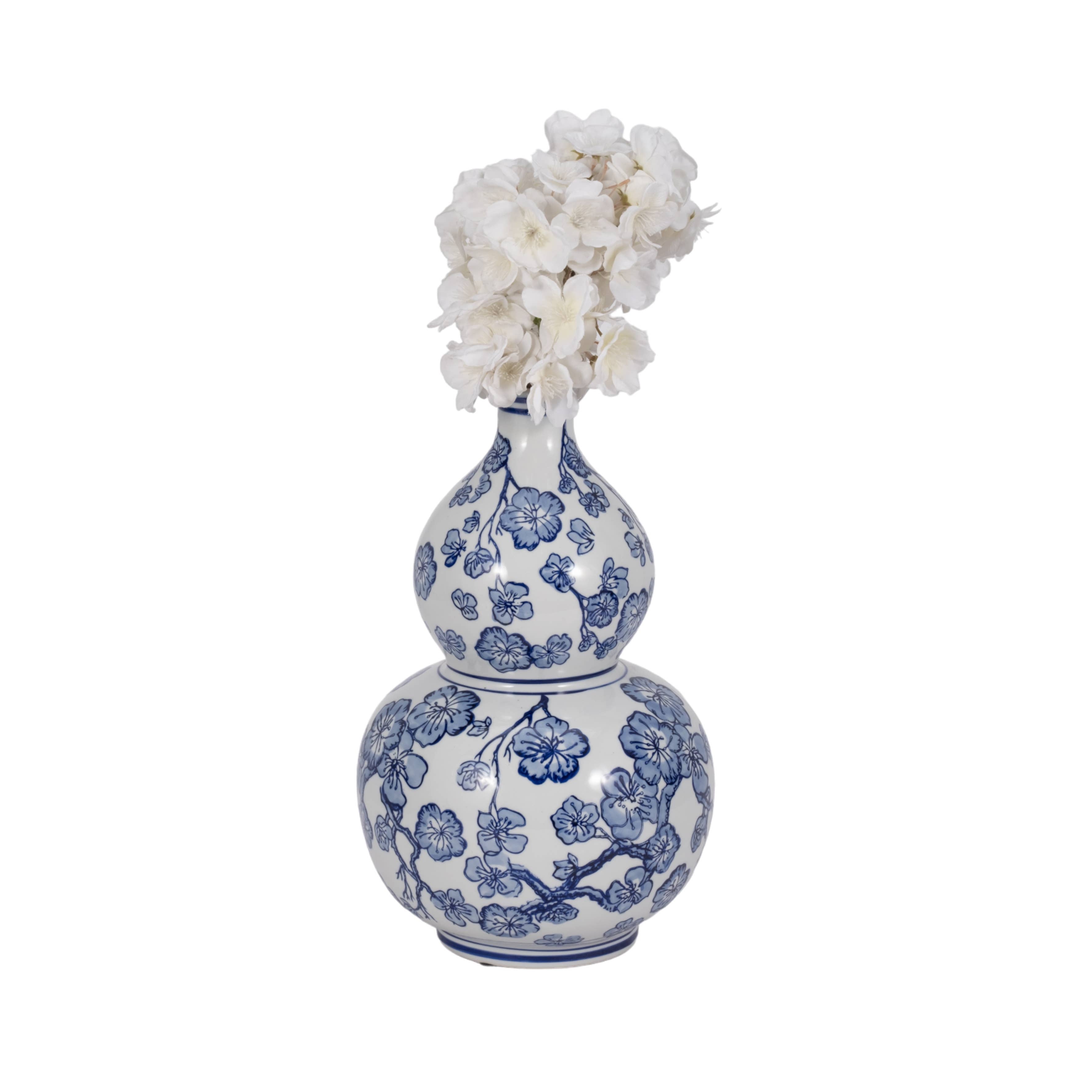 Blue/White 13 in. Cherry Blossom Chinoiserie Gourd Vase