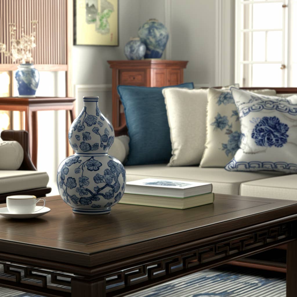 Blue/White 13 in. Cherry Blossom Chinoiserie Gourd Vase
