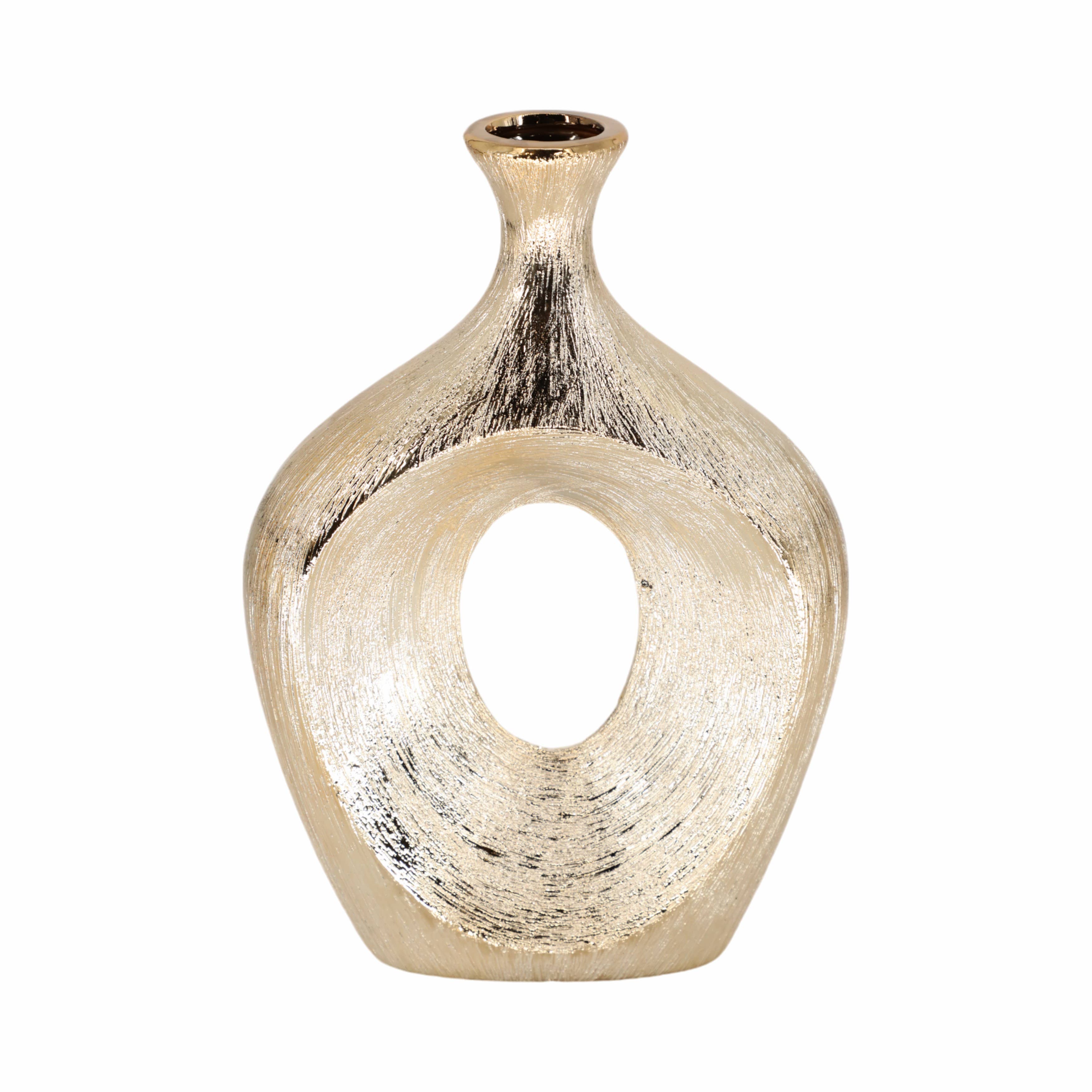 Vase - Gold Ceramic Scratched Oval Cut-Out, 13 in.