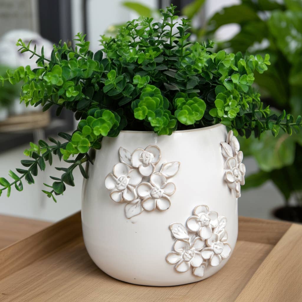 Ceramic Flower Bunches Applique Planter - Ivory, 6 in.